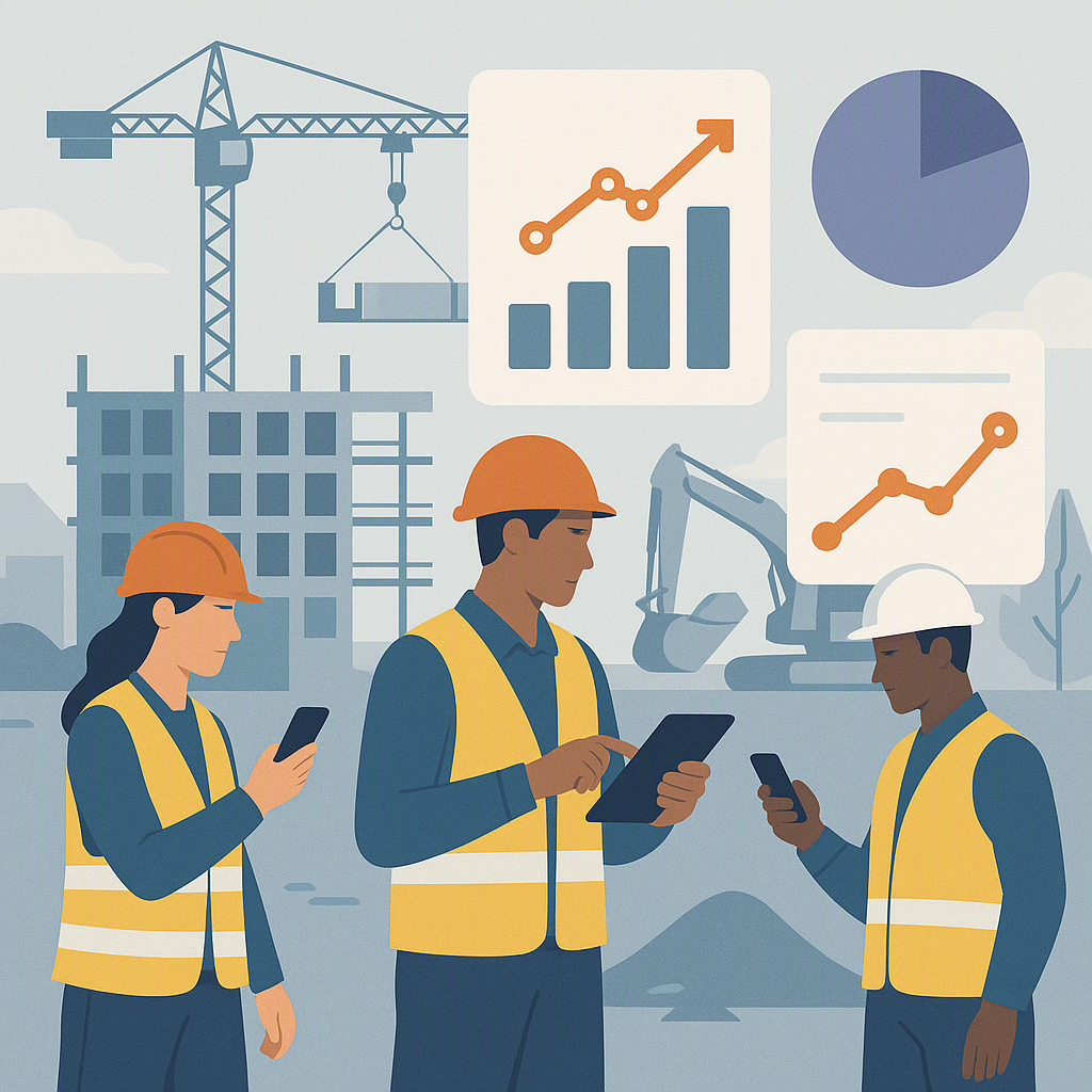 An illustration of a construction site with workers using mobile devices to capture real-time site data, featuring chart...