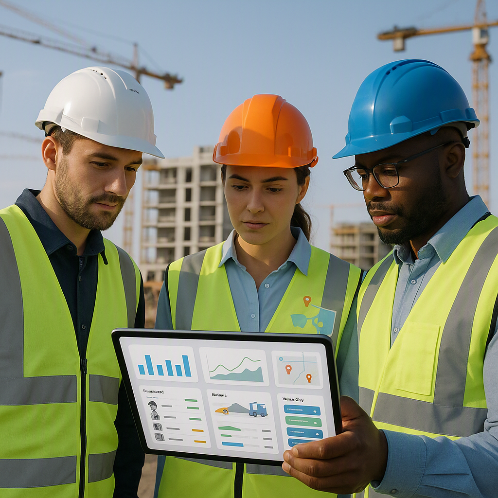 A group of contractors managing multiple construction sites via a tablet, showcasing an integrated facilities management...