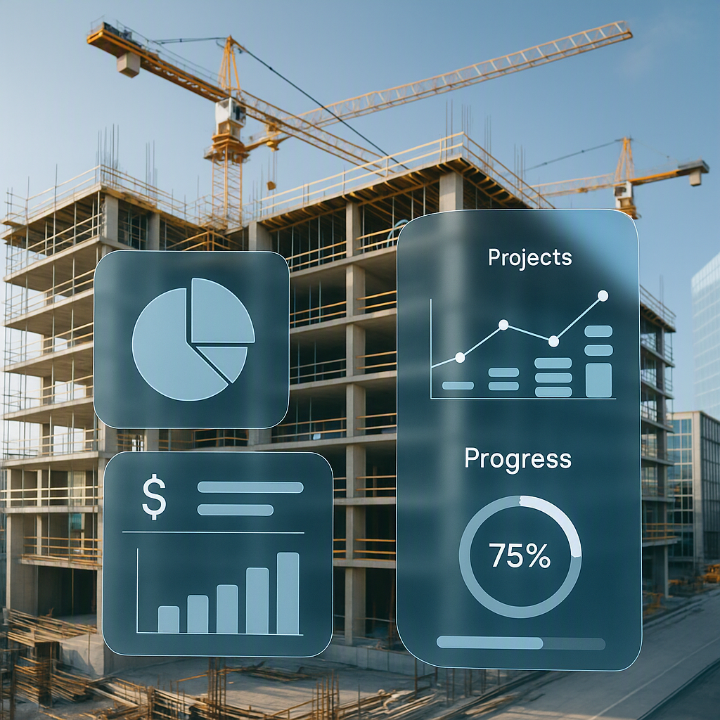 A modern construction site with digital overlays showing project metrics, billing data, and progress tracking on a futur...