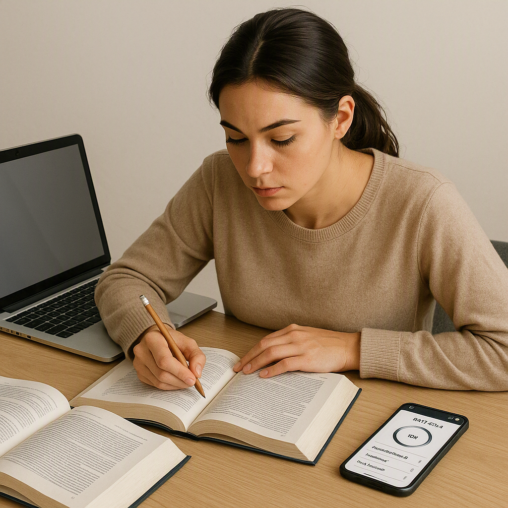 A realistic illustration of a student studying for the SQE1 exam, surrounded by a laptop, open books, and a phone displa...