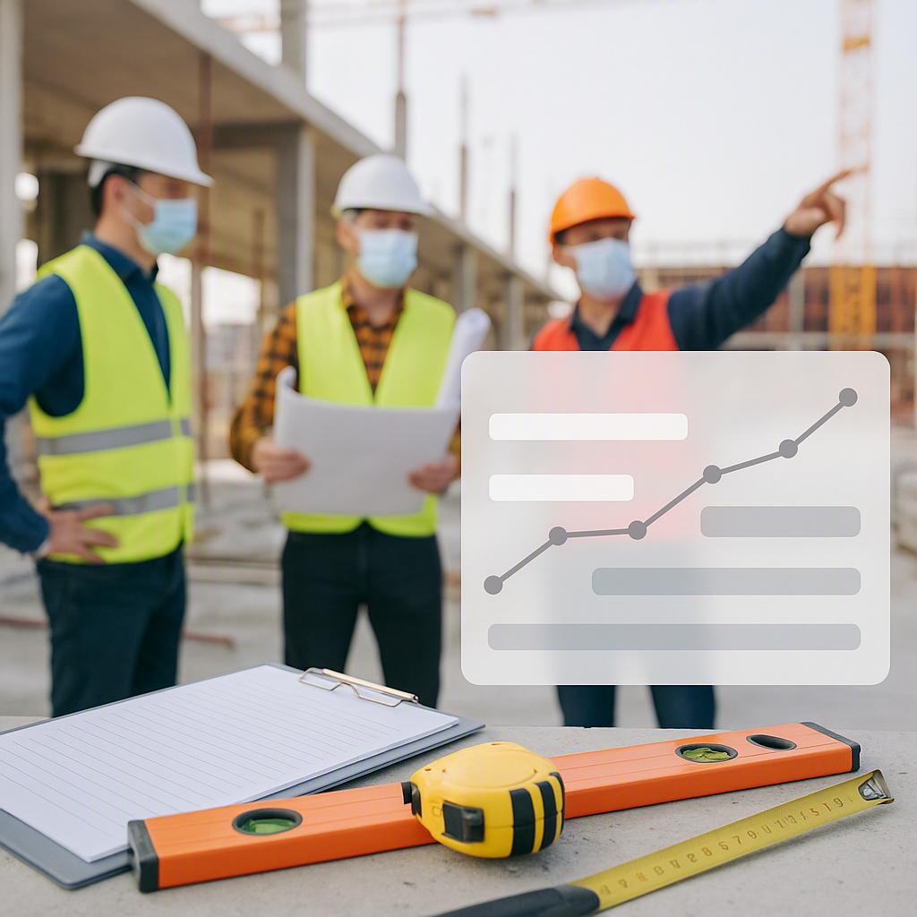 A construction site showing subcontractors in safety gear, with a clipboard and measurement tools visible in the foregro...