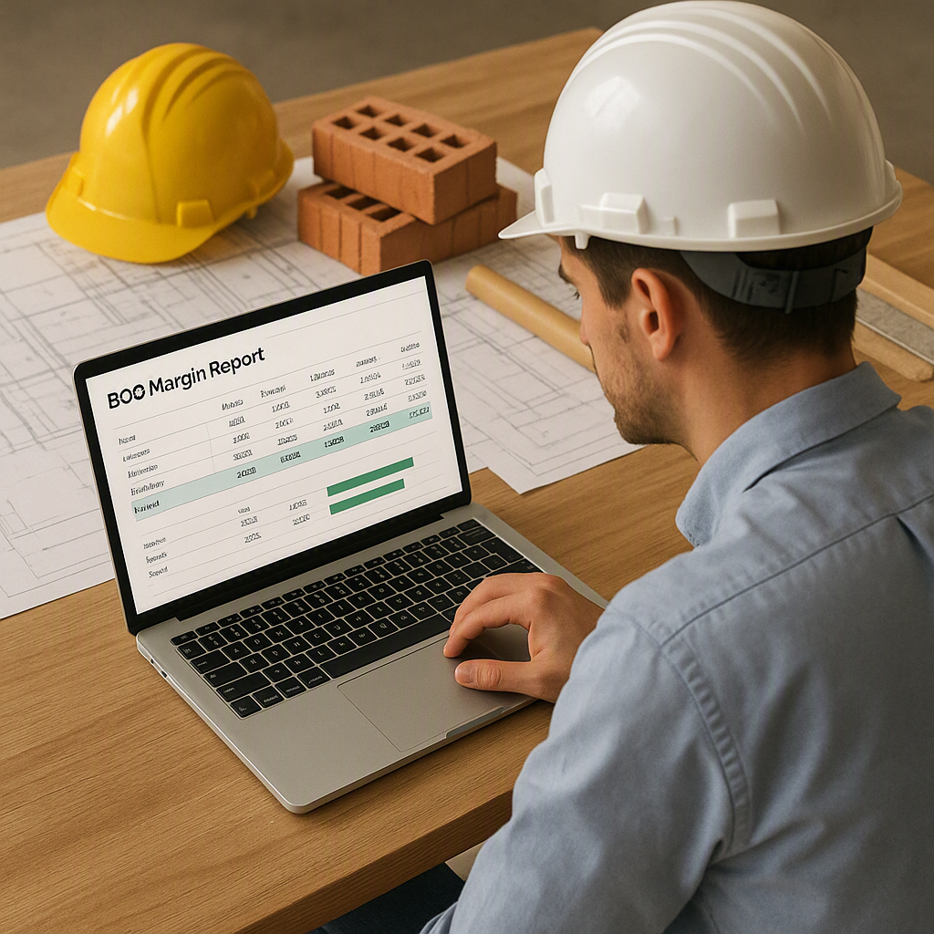 A realistic illustration of a contractor reviewing a BOQ Margin Report on a laptop, with construction materials and blue...