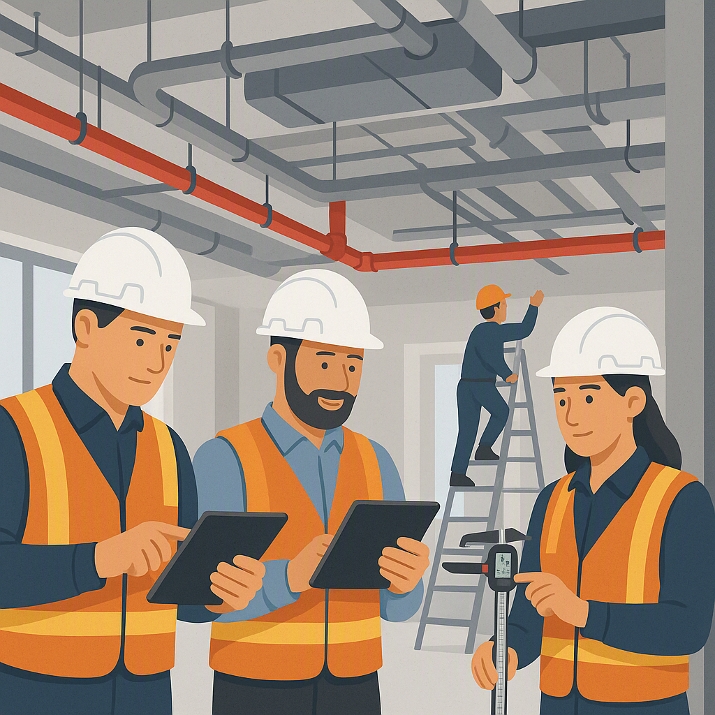 An illustration showing MEP contractors working on site with digital tablets, tracking subcontractor progress and measur...