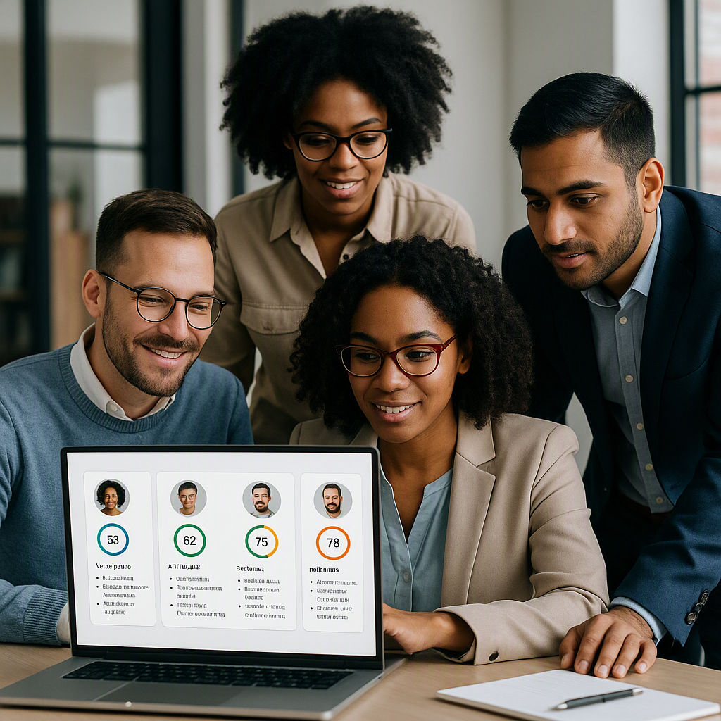 An HR team reviewing AI-generated candidate scorecards on a laptop, with a focus on personalized feedback. Modern office...