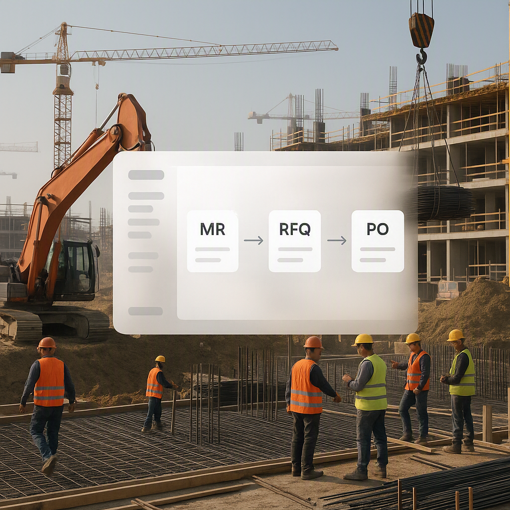 A busy construction site with workers and machinery, overlaid with a digital dashboard showing a structured procurement...