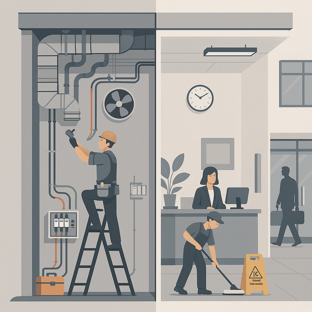 An office building split into two halves: one side shows technical maintenance (HVAC, wiring), the other depicts cleanin...