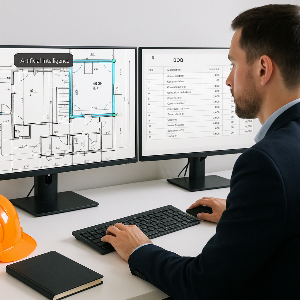 A professional construction estimator using AI-powered software, with a split-screen view showing PDF drawings being ana...