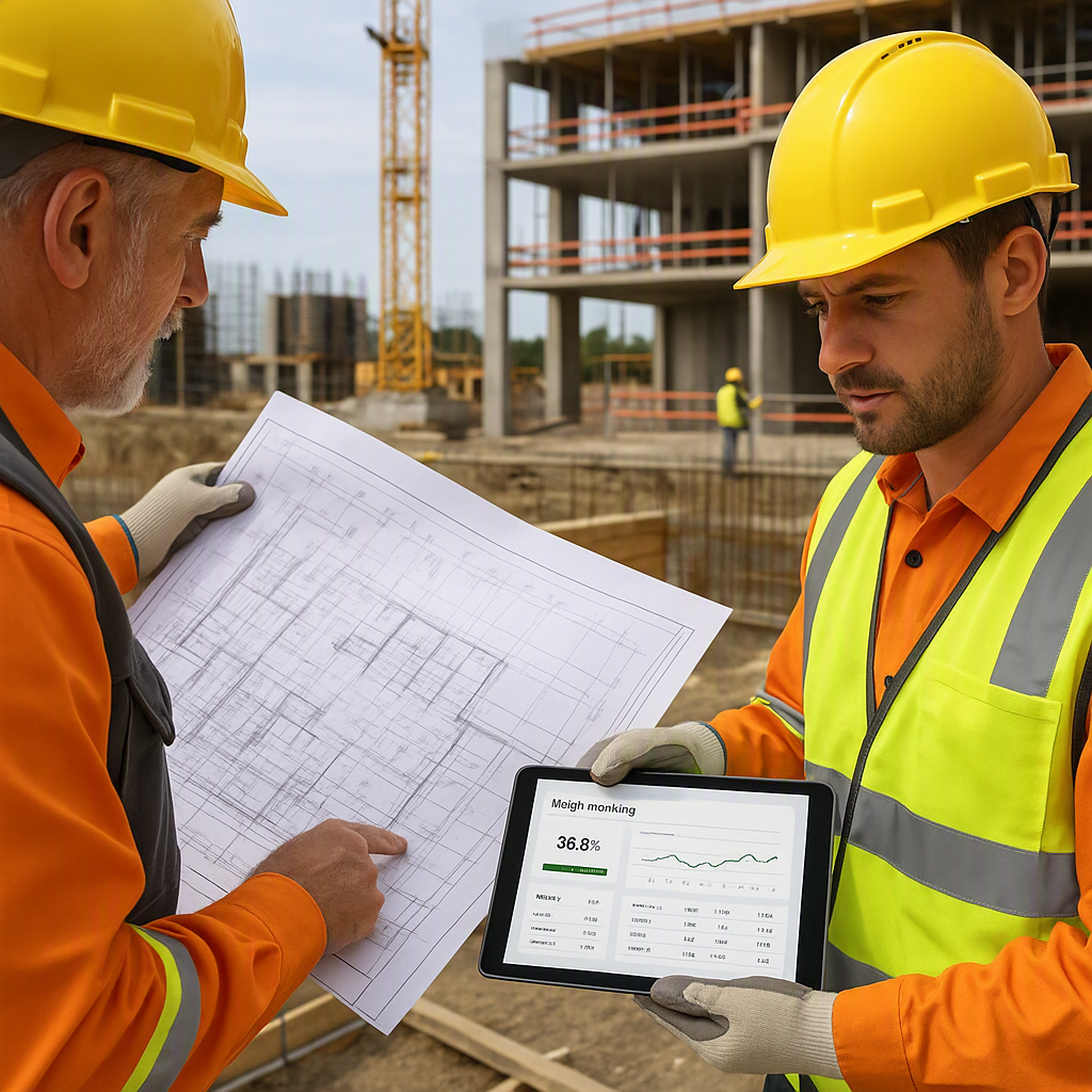 A construction site with workers reviewing detailed blueprints and a digital tablet showing a margin tracking dashboard....