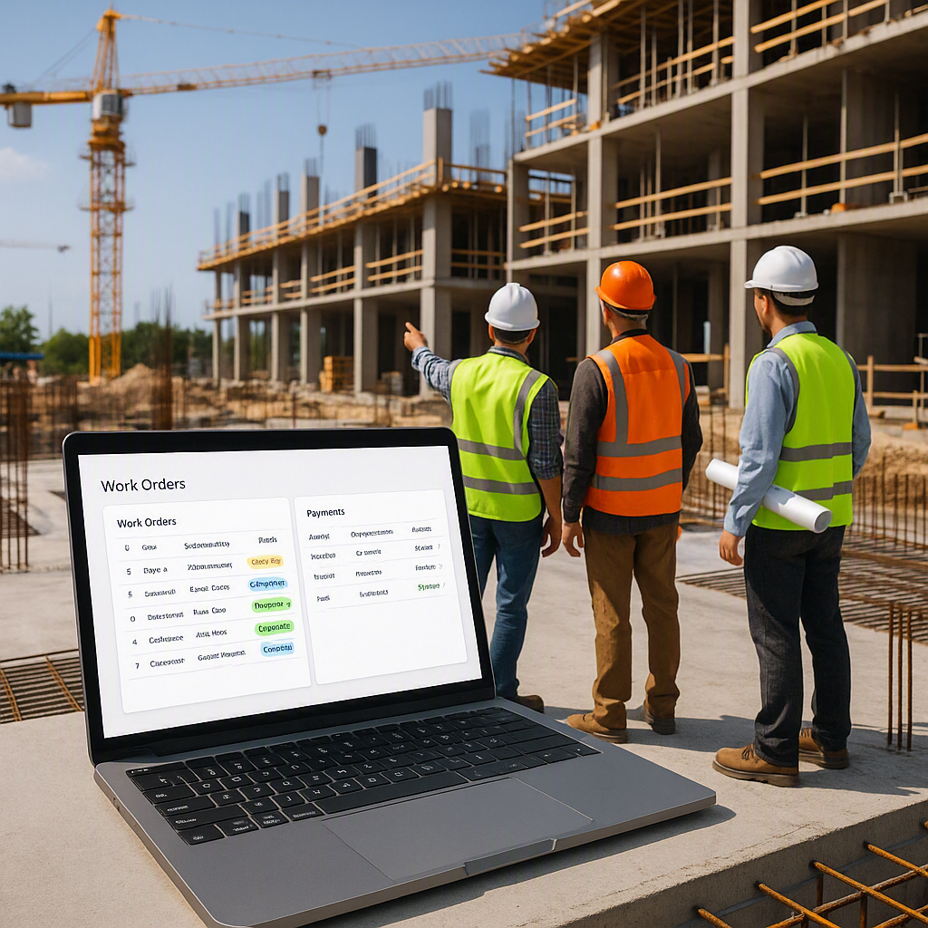 A construction site with workers inspecting progress milestones, a laptop showing subcontractor management software with...