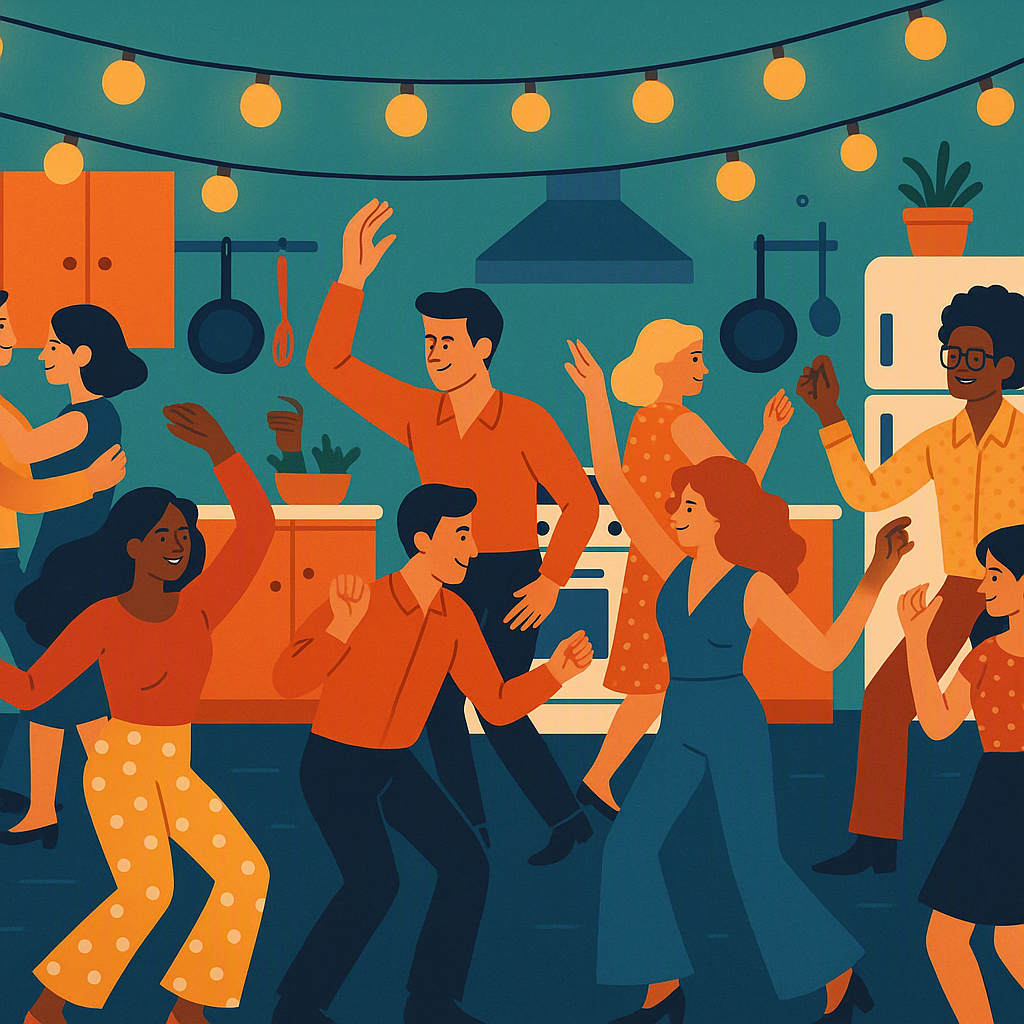 A vibrant illustration of a community event with people dancing under string lights in a kitchen-themed setting, with a...
