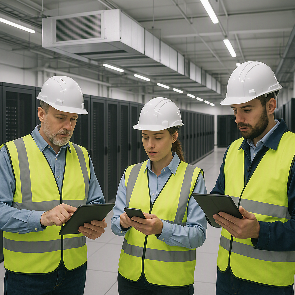 A construction team surveying a large data center site, using tablets and smartphones to capture BOQ details in real-tim...