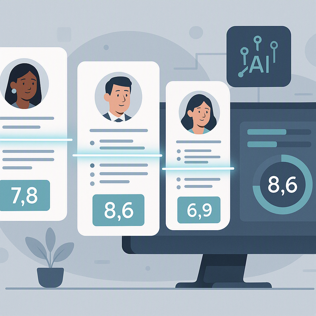 An illustration of diverse candidates' resumes being scanned by an AI system, with scores displayed objectively on a fut...