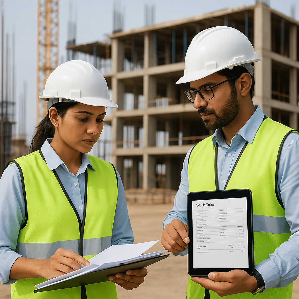 An Indian construction site with engineers reviewing documents on-site, a digital work order visible on a tablet, and a...