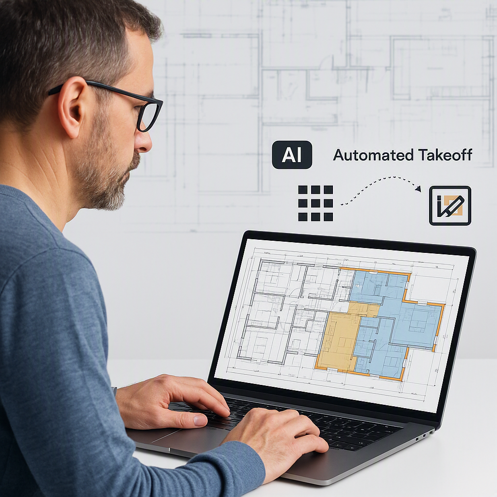 A construction estimator using a modern AI-powered tool on a laptop, with digital architectural blueprints and an automa...