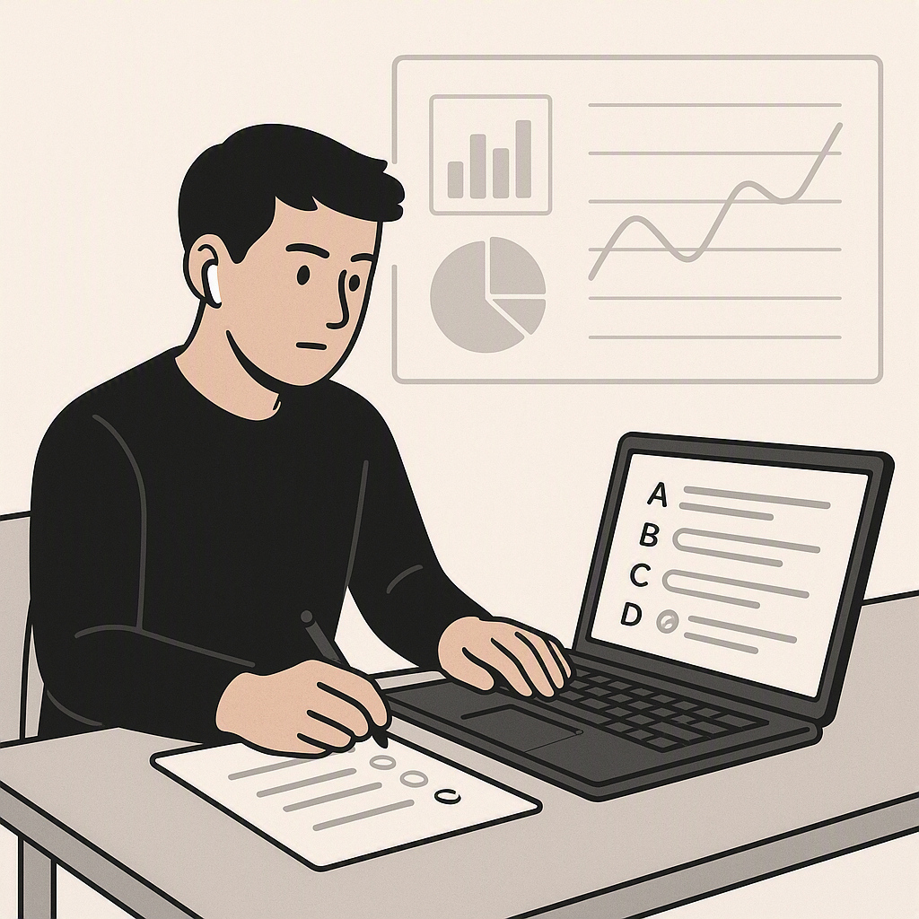 An illustration of a focused law student drilling MCQs on a laptop, with analytics charts on a dashboard, in a minimalis...