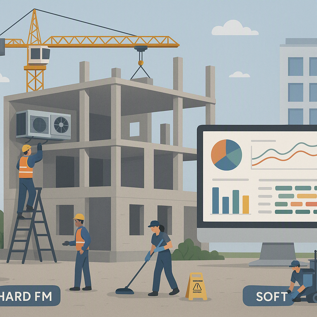 A realistic illustration showing a construction project site, with labeled sections representing Hard FM (e.g., HVAC mai...
