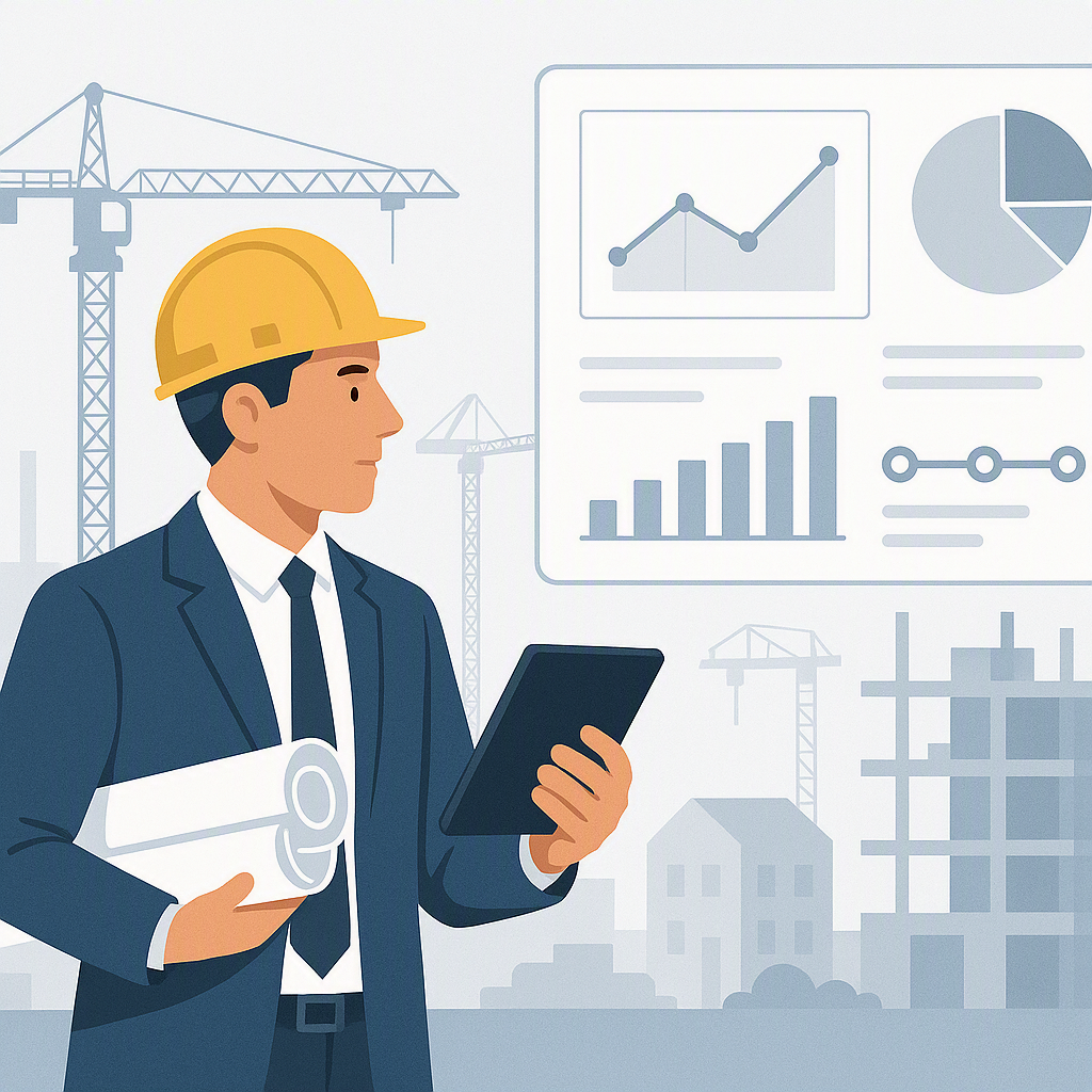 Illustration of a construction manager overseeing progress on-site, with digital dashboards and milestone tracking visua...