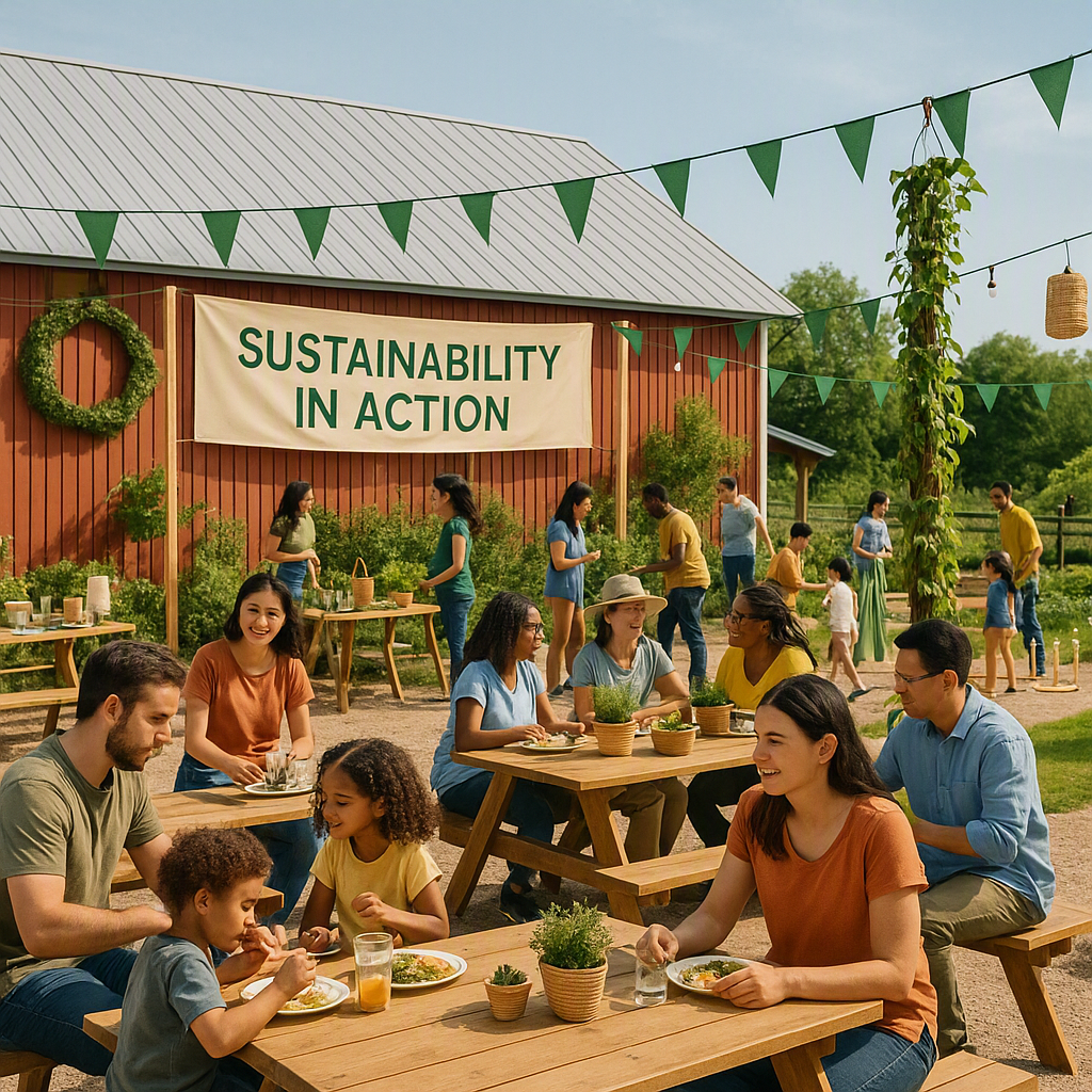 A vibrant community event at a farm venue: picnic tables, eco-friendly decor, diverse attendees enjoying food and activi...