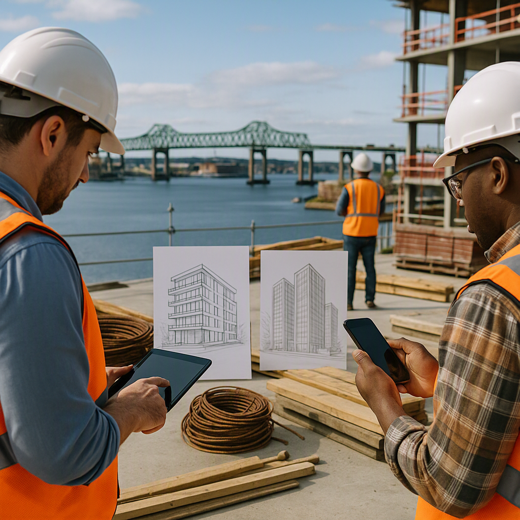 A construction site overlooking the Fall River waterfront, with workers using mobile devices to capture BOQ details. Inc...