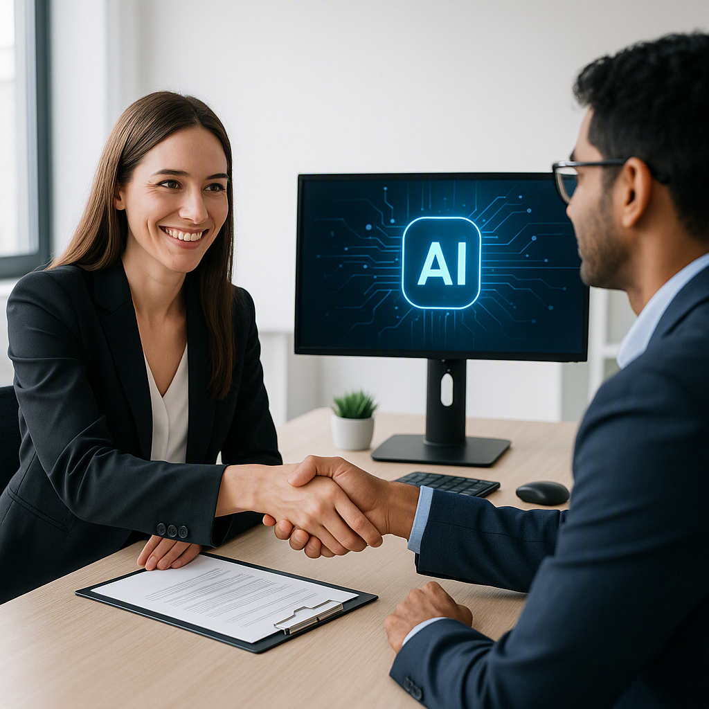 A modern office setting with a human recruiter shaking hands with a job candidate, while a sleek AI interface is visible...