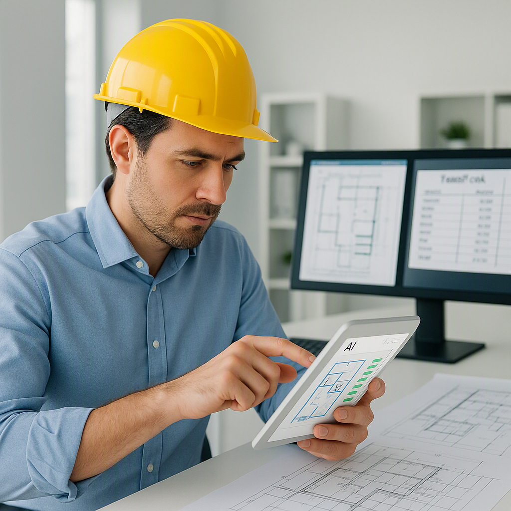 A construction estimator reviewing a digital tablet with AI-powered software; background shows a modern office with blue...