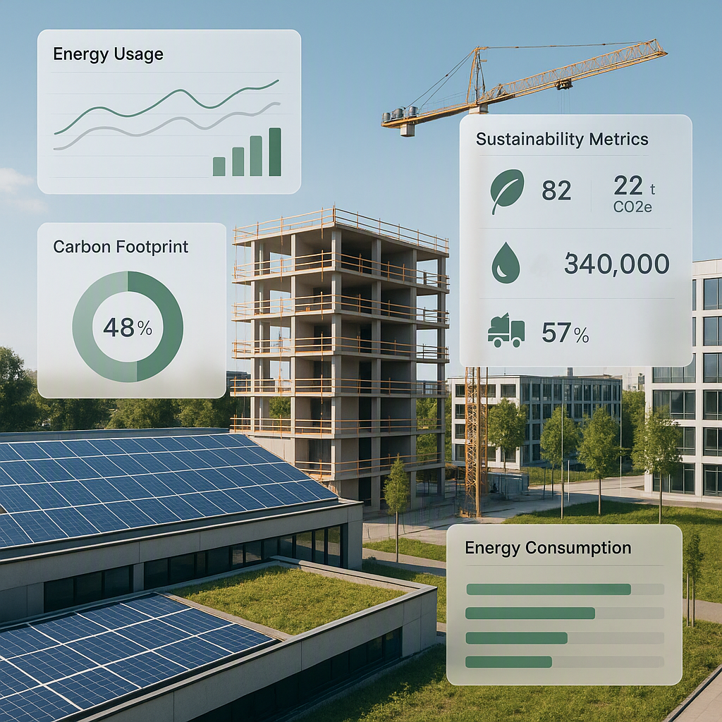 A modern construction site with sustainable features, including solar panels and green spaces, overlaid with digital ana...