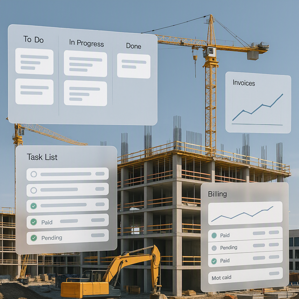 A modern construction site with digital dashboards overlaying project management and billing workflows, emphasizing tech...