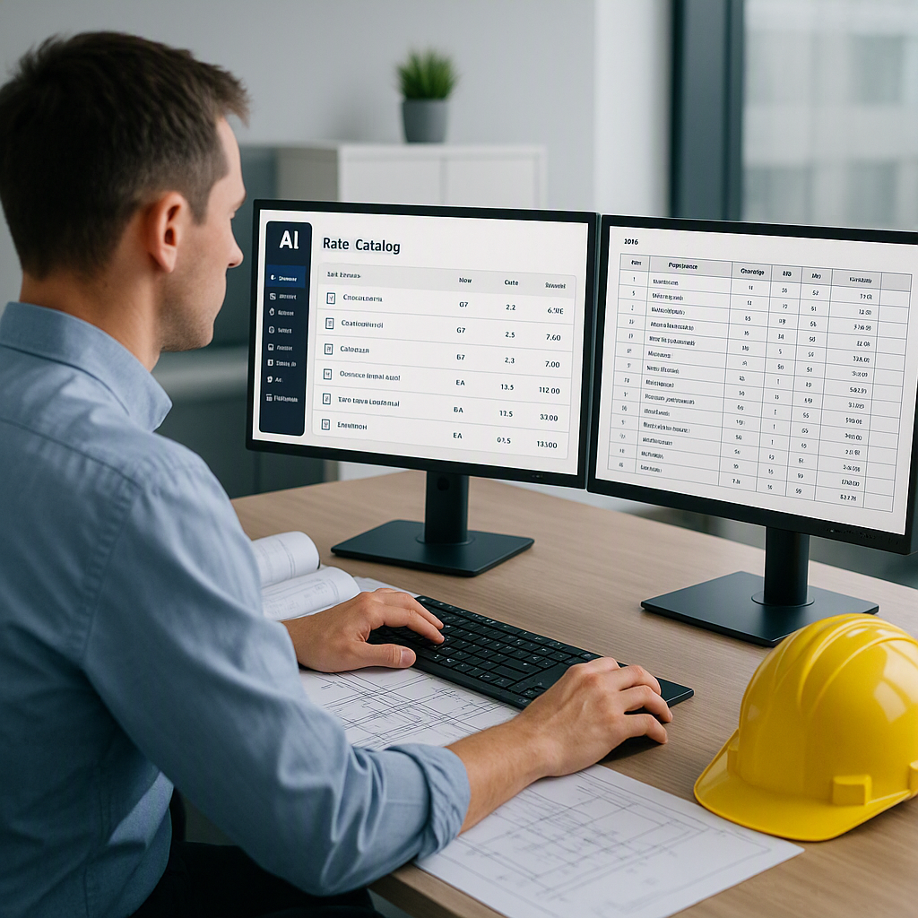 A construction estimator at a desk with dual monitors, one showing a digital rate catalog interface powered by AI, and a...