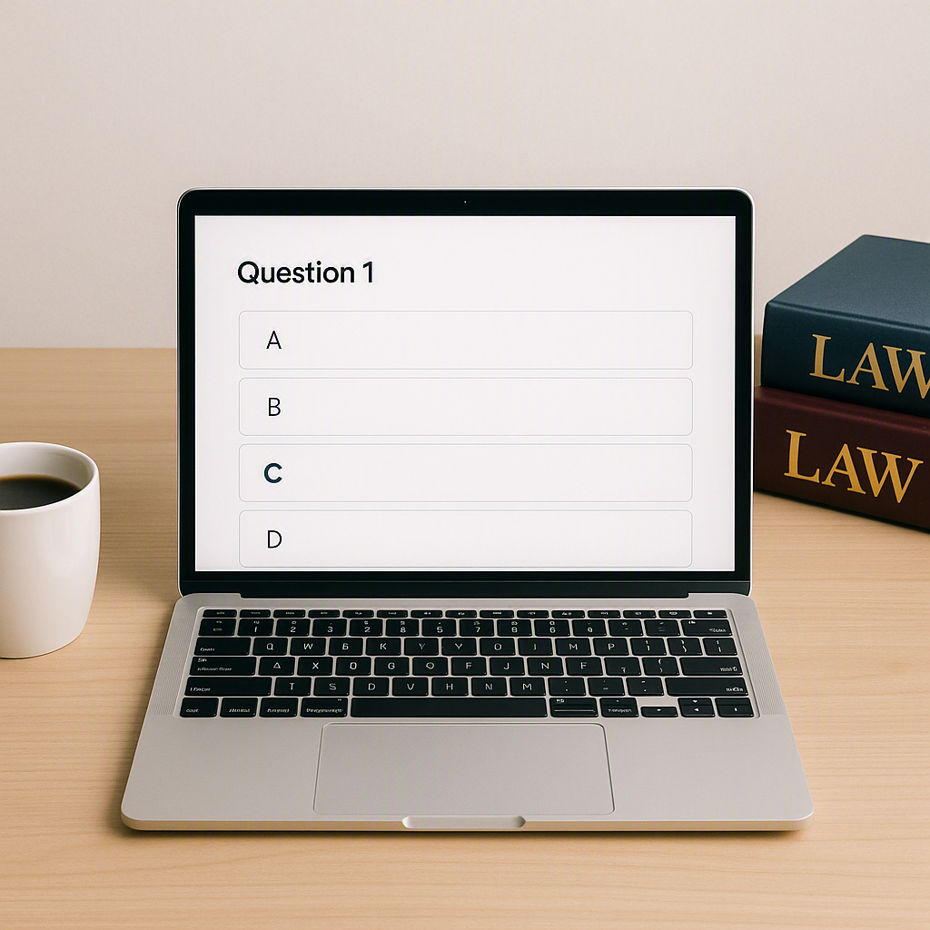 A clean, modern study desk with a laptop displaying a multiple-choice question screen, alongside a cup of coffee and leg...
