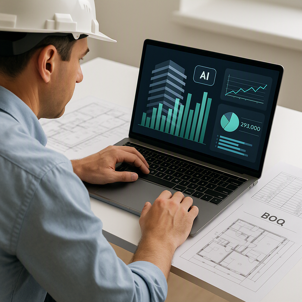 A construction estimator at a desk using AI software on a laptop, with building blueprints, a BOQ document, and a digita...