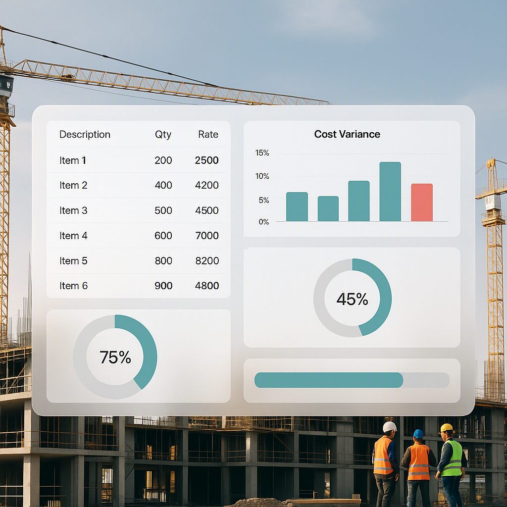 An on-site construction project dashboard with BOQs, cost variance charts, and real-time progress indicators, overlaid o...