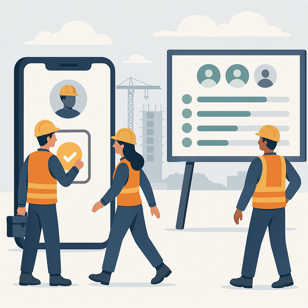 An illustration of construction workers clocking into a site using a mobile app, with a dashboard displaying real-time a...
