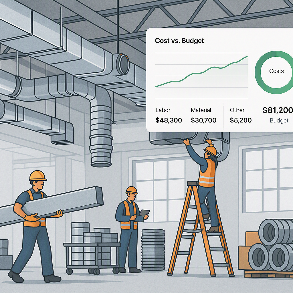 A detailed, professional illustration of an HVAC project site with workers installing ductwork and managing materials, o...