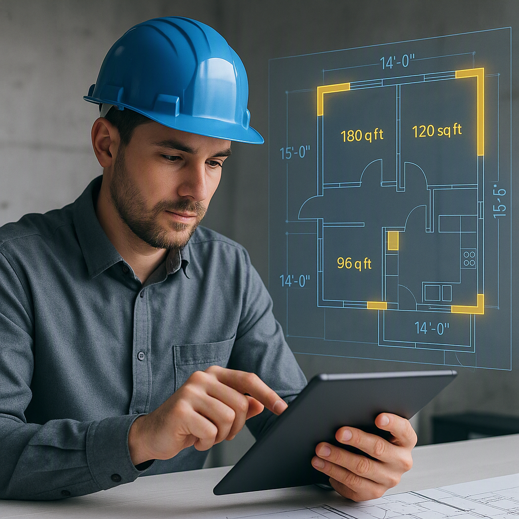 A construction estimator working on a tablet with AI-generated building plans overlayed, showcasing automated measuremen...
