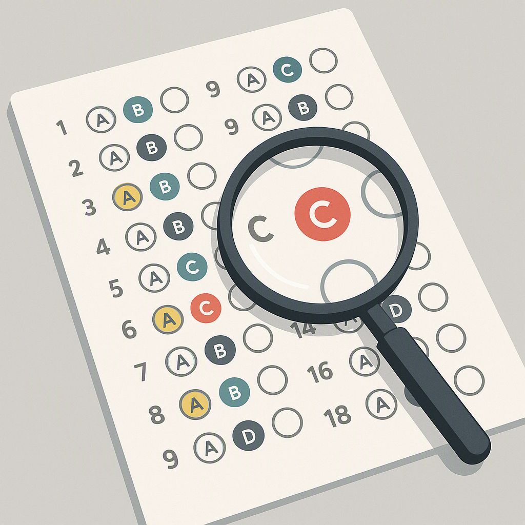 A detailed illustration of an MCQ exam sheet with answer options A, B, C, and D highlighted differently, overlaid with a...