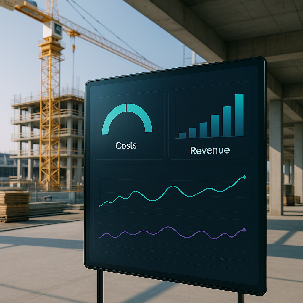 A futuristic construction project dashboard showing real-time financial metrics (like costs, revenue, and margin) on a d...