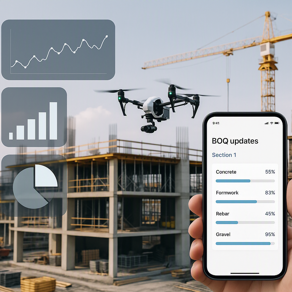 A construction site with a drone capturing aerial data, overlayed with real-time analytics and a mobile app interface sh...