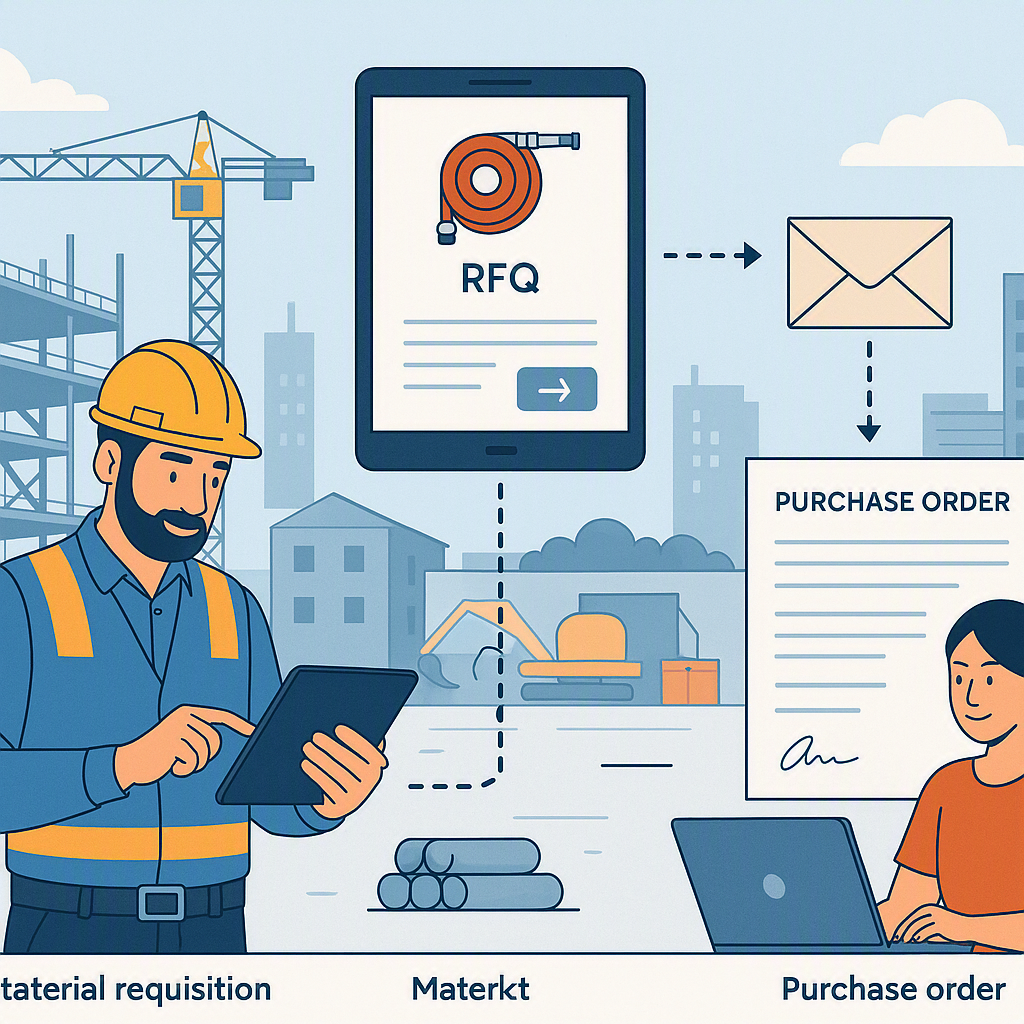 A detailed illustration of a fire protection contractor's workflow: a site engineer approving material requisitions on a...