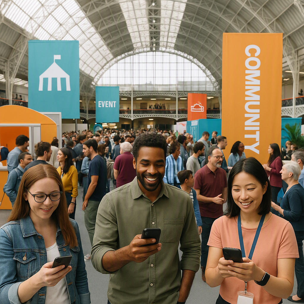 A bustling community event in a modern venue like Olympia London, with diverse attendees, banners, and organizers using...