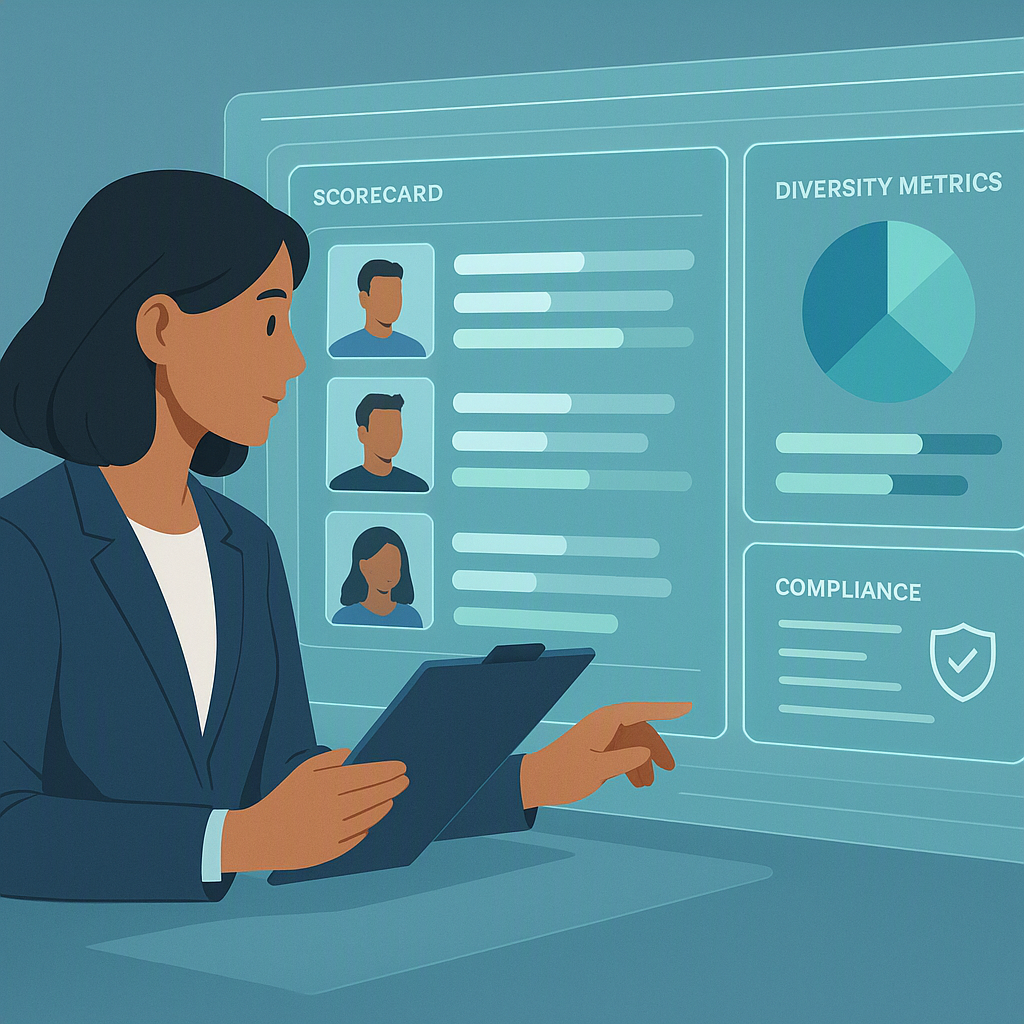 A recruiter reviewing AI-generated scorecards on a futuristic dashboard, showcasing diversity metrics and compliance hig...