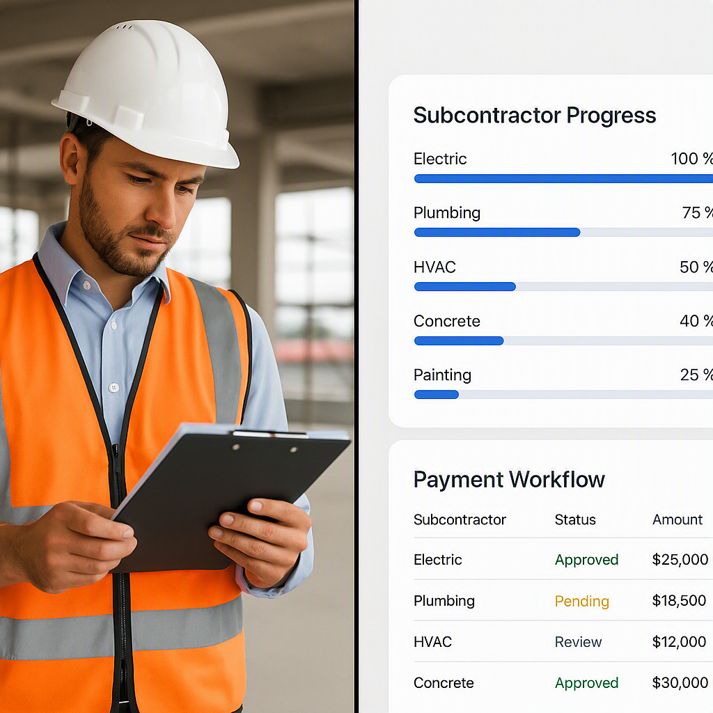 A split-screen image: on one side, a construction manager checking subcontractor compliance documents; on the other, a d...