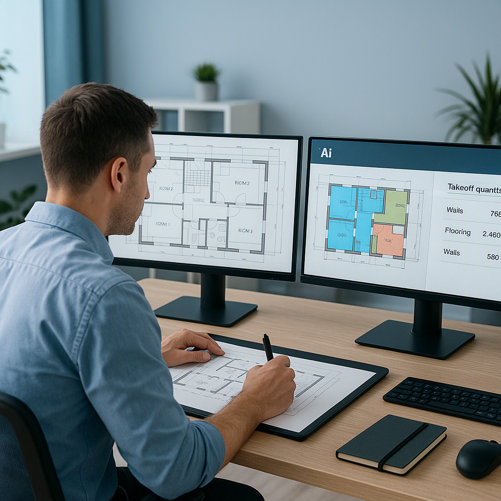 A construction estimator working on a dual-screen setup. On one screen, traditional manual tracing of PDF drawings; on t...