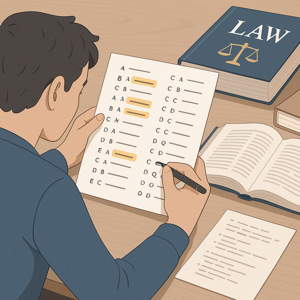 A detailed illustration of a law student reviewing a multiple-choice exam paper with highlighted questions, surrounded b...