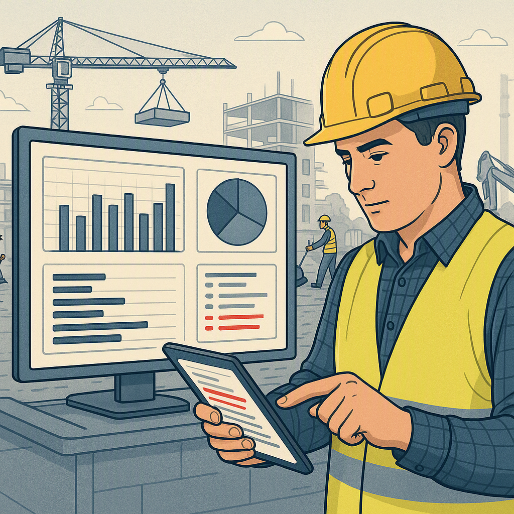 A detailed illustration of a construction project dashboard showing BOQ Margin analysis, with a contractor reviewing hig...