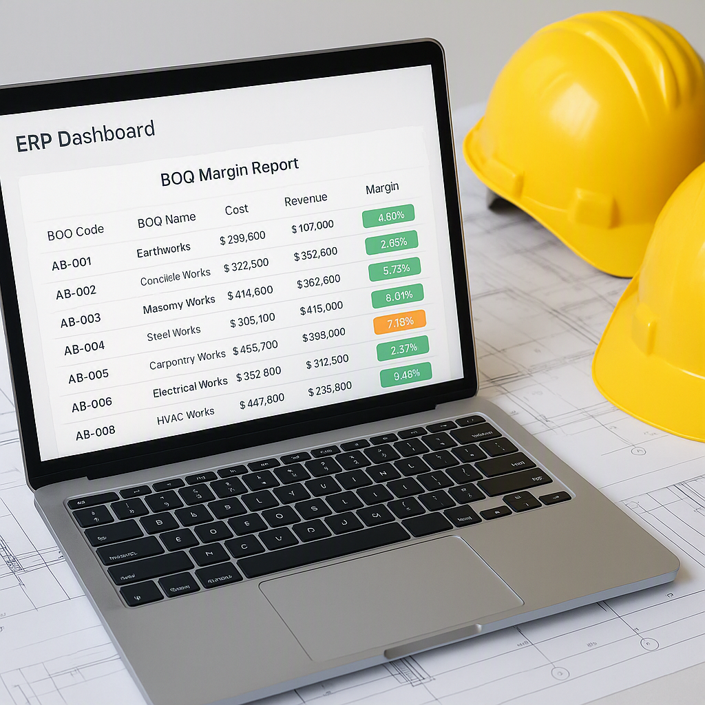 An ERP dashboard with a BOQ margin report displayed, showing color-coded profitability indicators, alongside constructio...