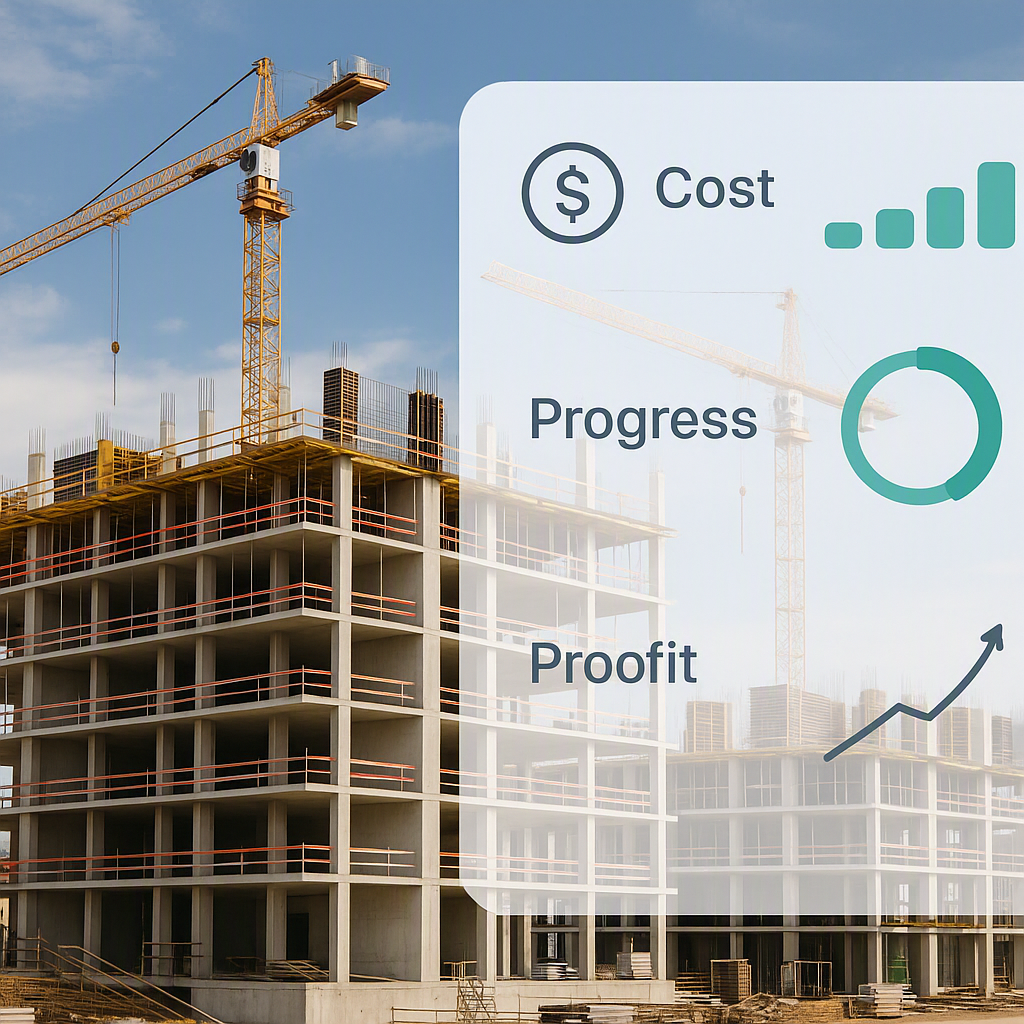 A construction project site with a digital dashboard overlay showing real-time cost tracking metrics. Include icons for...