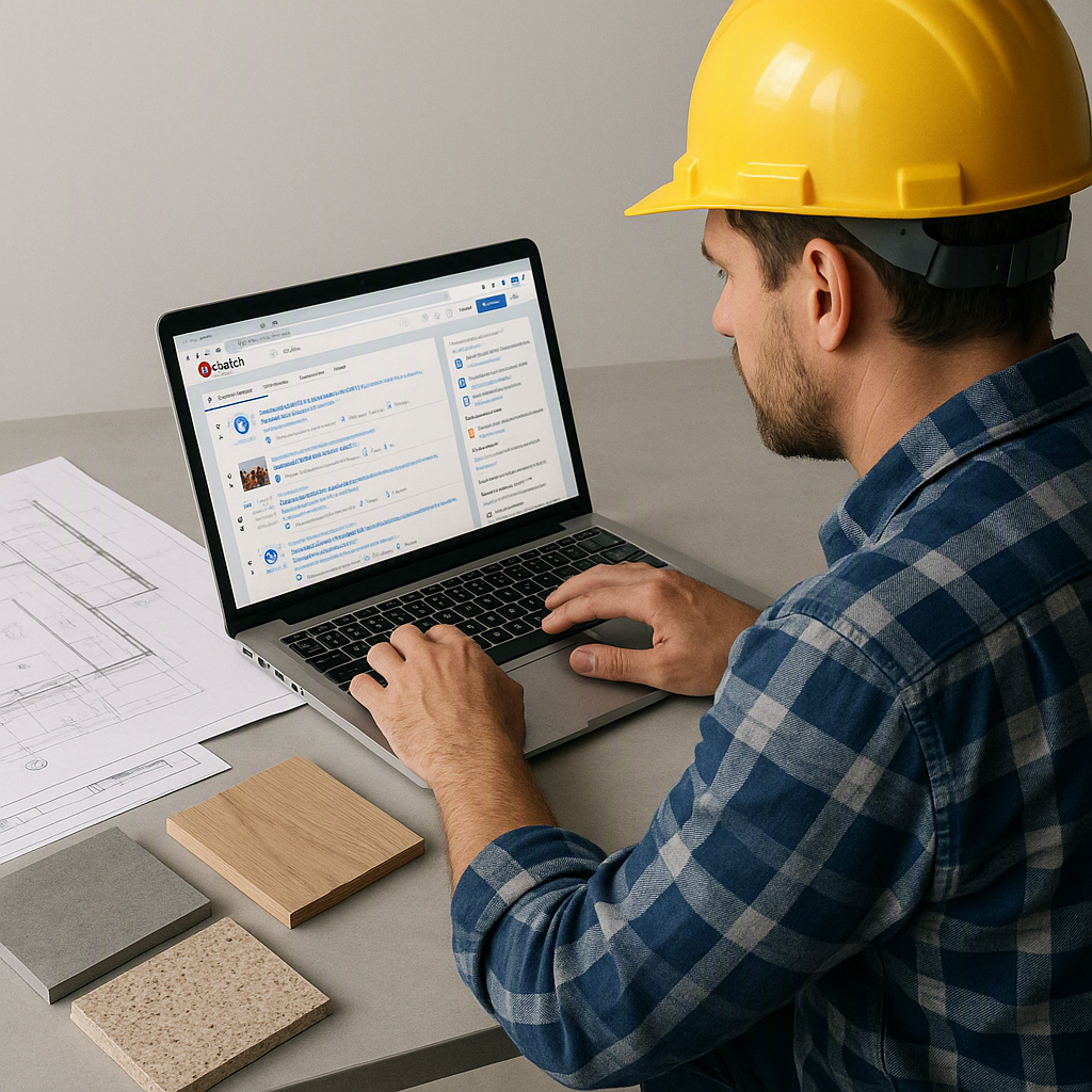 A realistic illustration of a contractor browsing Reddit on a laptop, surrounded by construction blueprints and material...