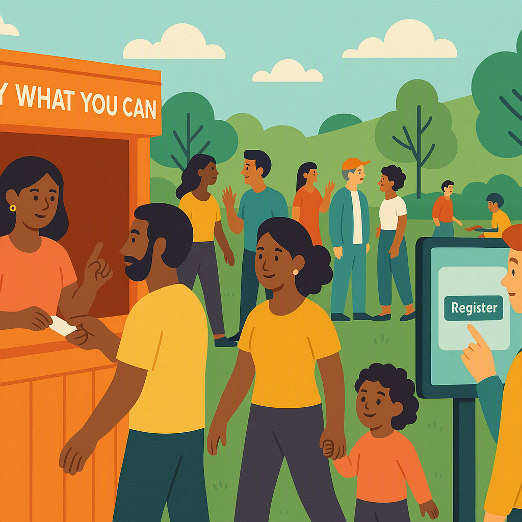 A vibrant illustration of a community event with diverse participants, a ticket booth labeled 'Pay What You Can', and a...
