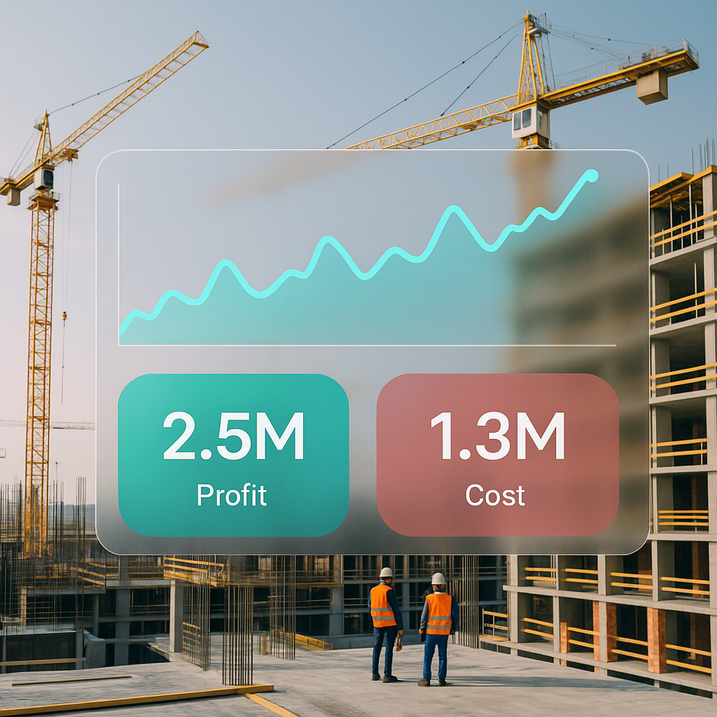 A modern construction site with a digital dashboard overlay showing real-time profit and cost metrics in vibrant colors,...