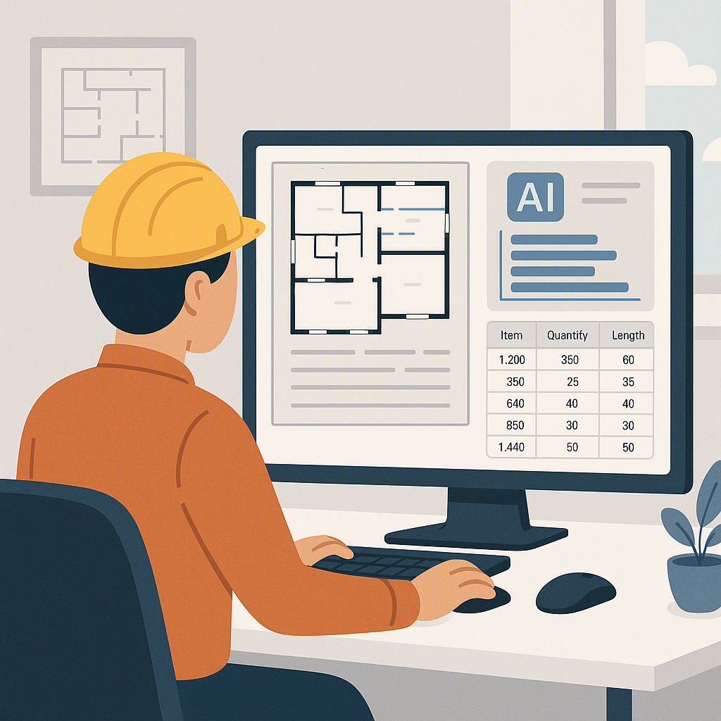 Illustration of a construction estimator at a desk, with AI software on their monitor showing automated takeoff data ext...